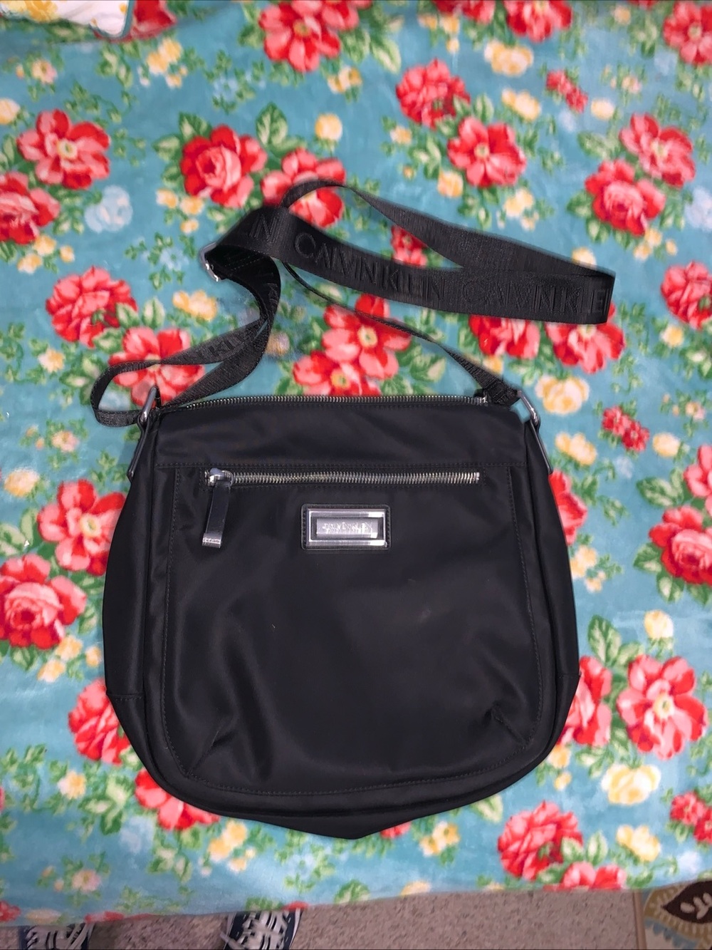 Calvin Klein Black Nylon Crossbody Messenger Bag with Logo Strap
